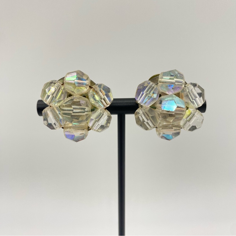 Aurora Borealis Crystal Flower Clip On Earrings Vintage